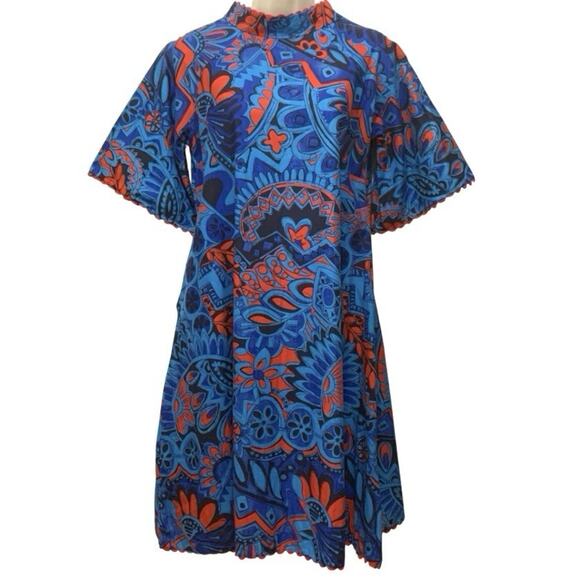 Vintage 60s Psychedelic Mod Dress Blue Red Floral Boho Hippie Festival M/L - Picture 1 of 12
